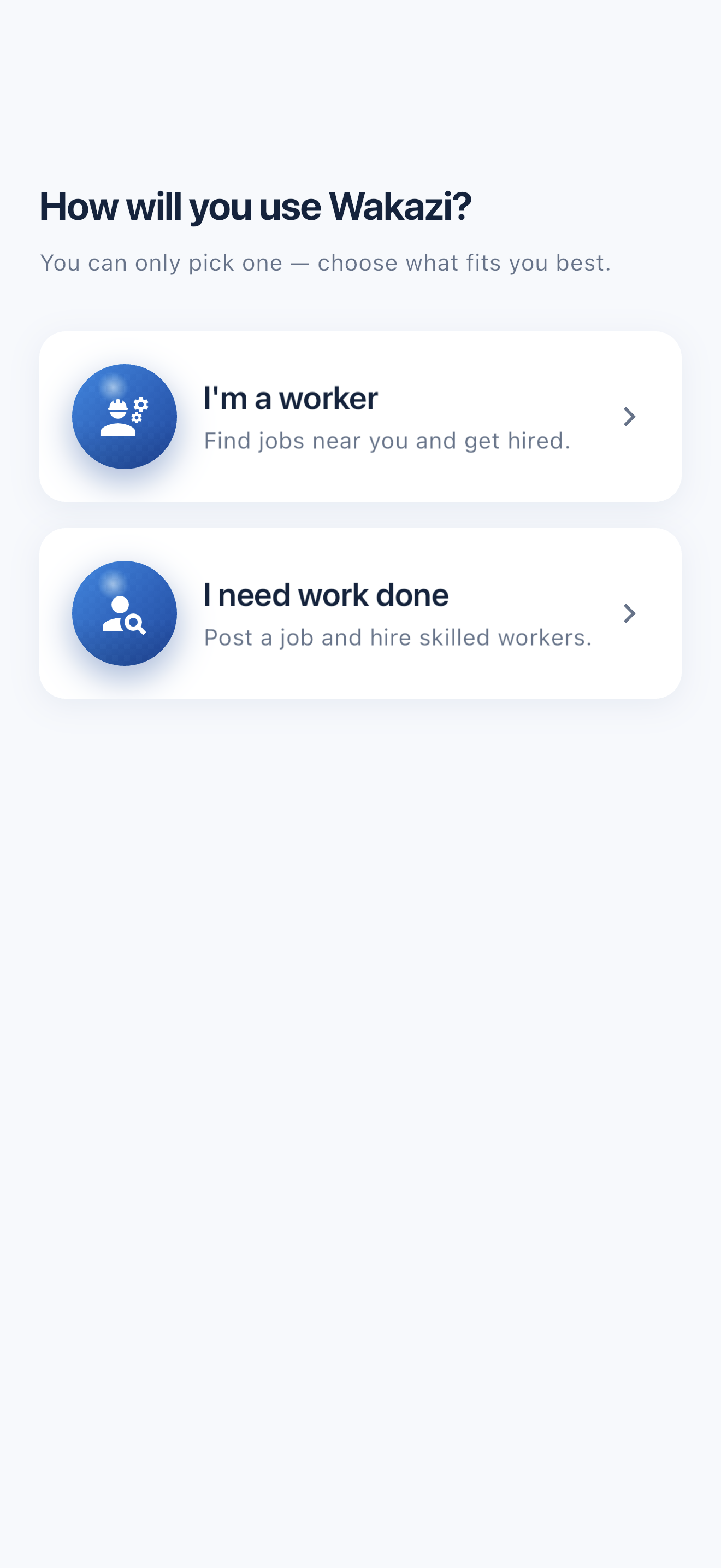 Wakazi app — choose to join as a customer or a worker